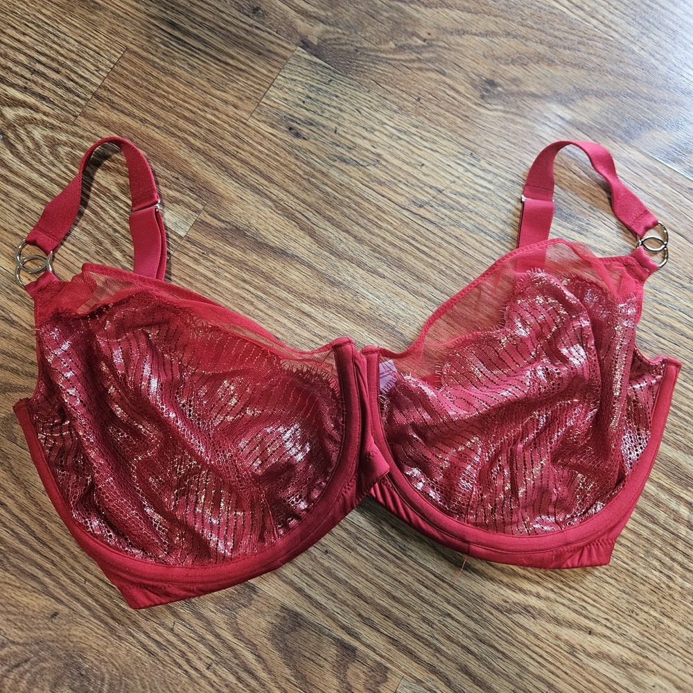 Cacique Red Lace Underwire Bra‎ 38I Sheer Floral Shimmer 38 I Sexy Balconette